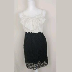 Women medium white ruffles black lace mini dress